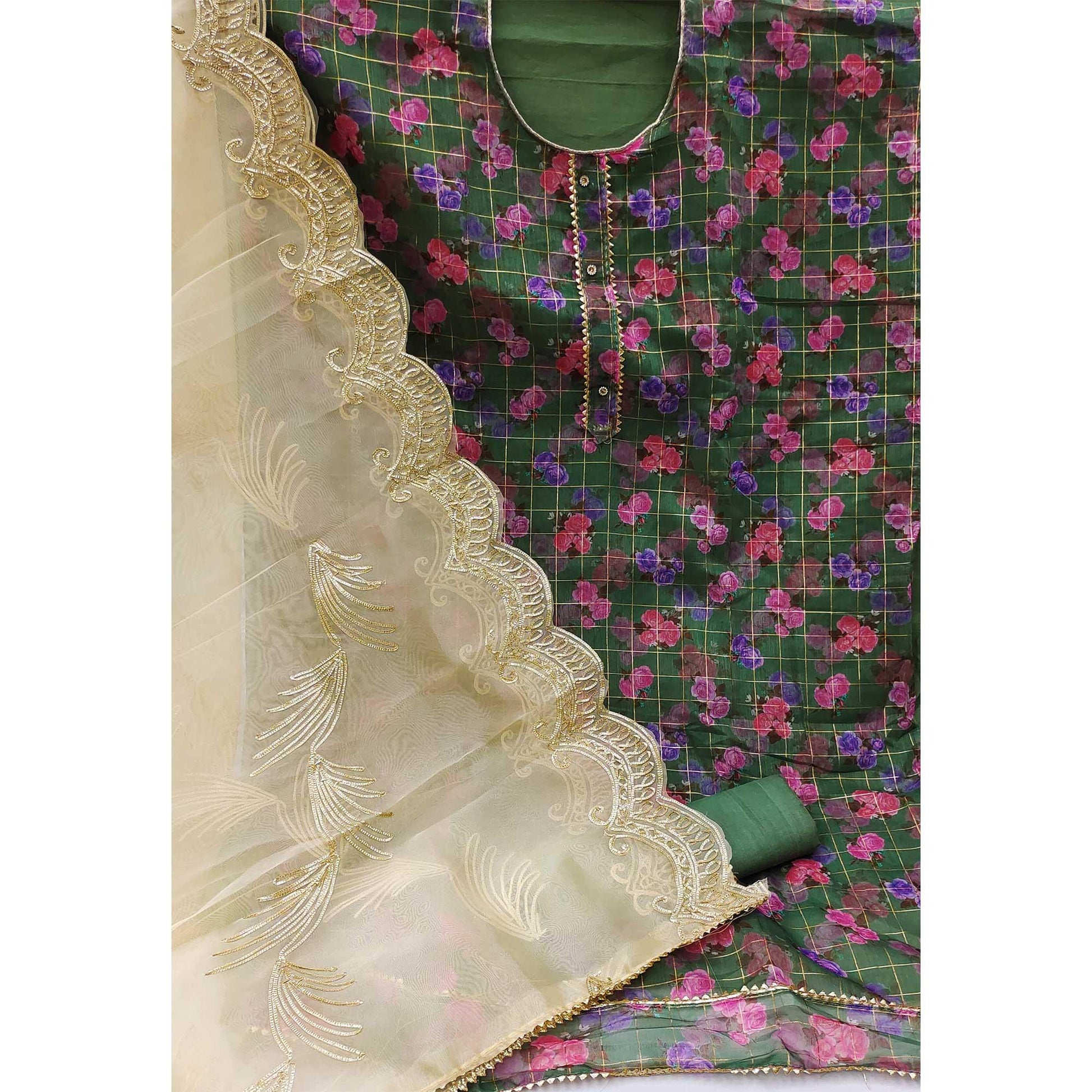green-casual-wear-floral-printed-with-checks-chanderi-dress-material-130538