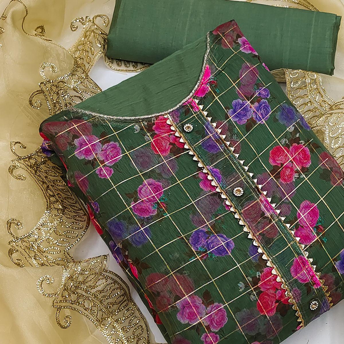 green-casual-wear-floral-printed-with-checks-chanderi-dress-material-130538