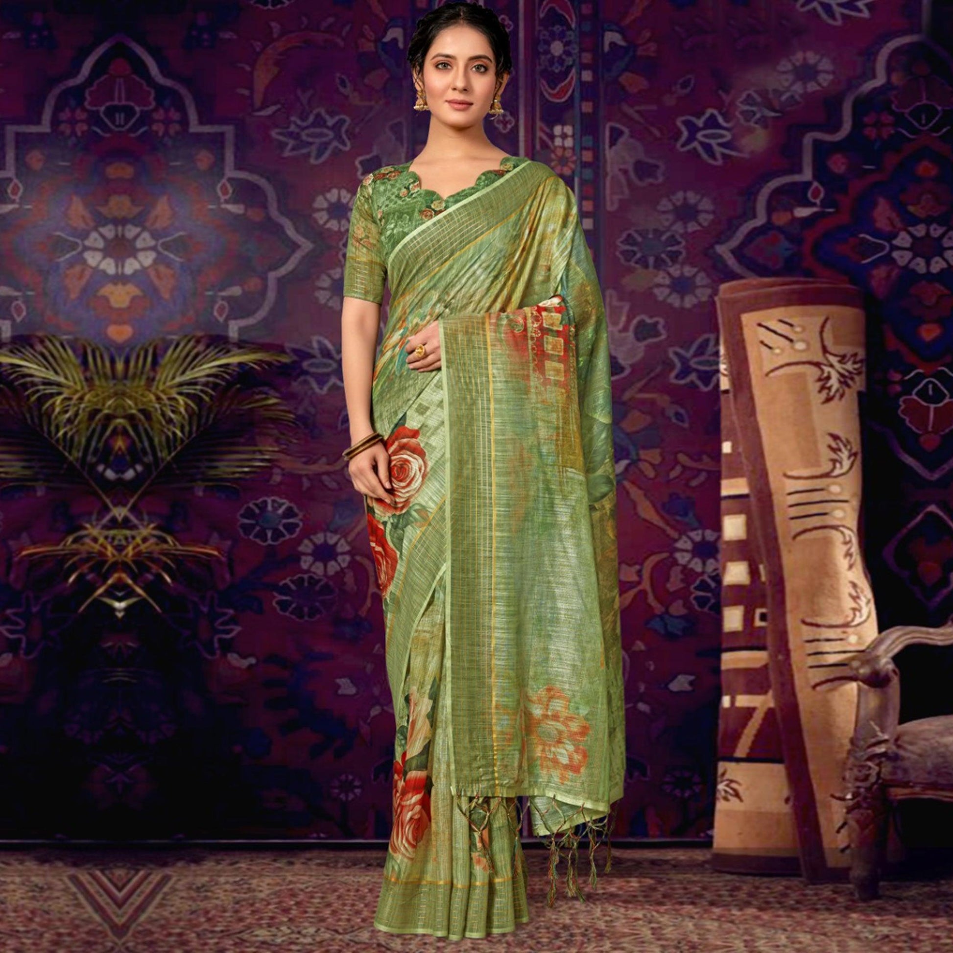 green-casual-wear-floral-soft-cotton-saree-111493