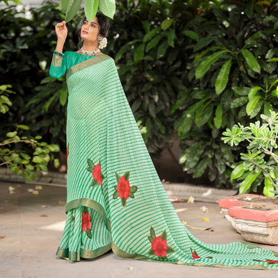 green-casual-wear-floral-with-striped-printed-georgette-saree-127245