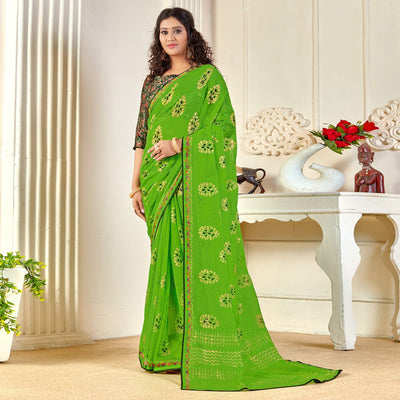 green-casual-wear-foil-printed-pure-chiffon-saree-120676