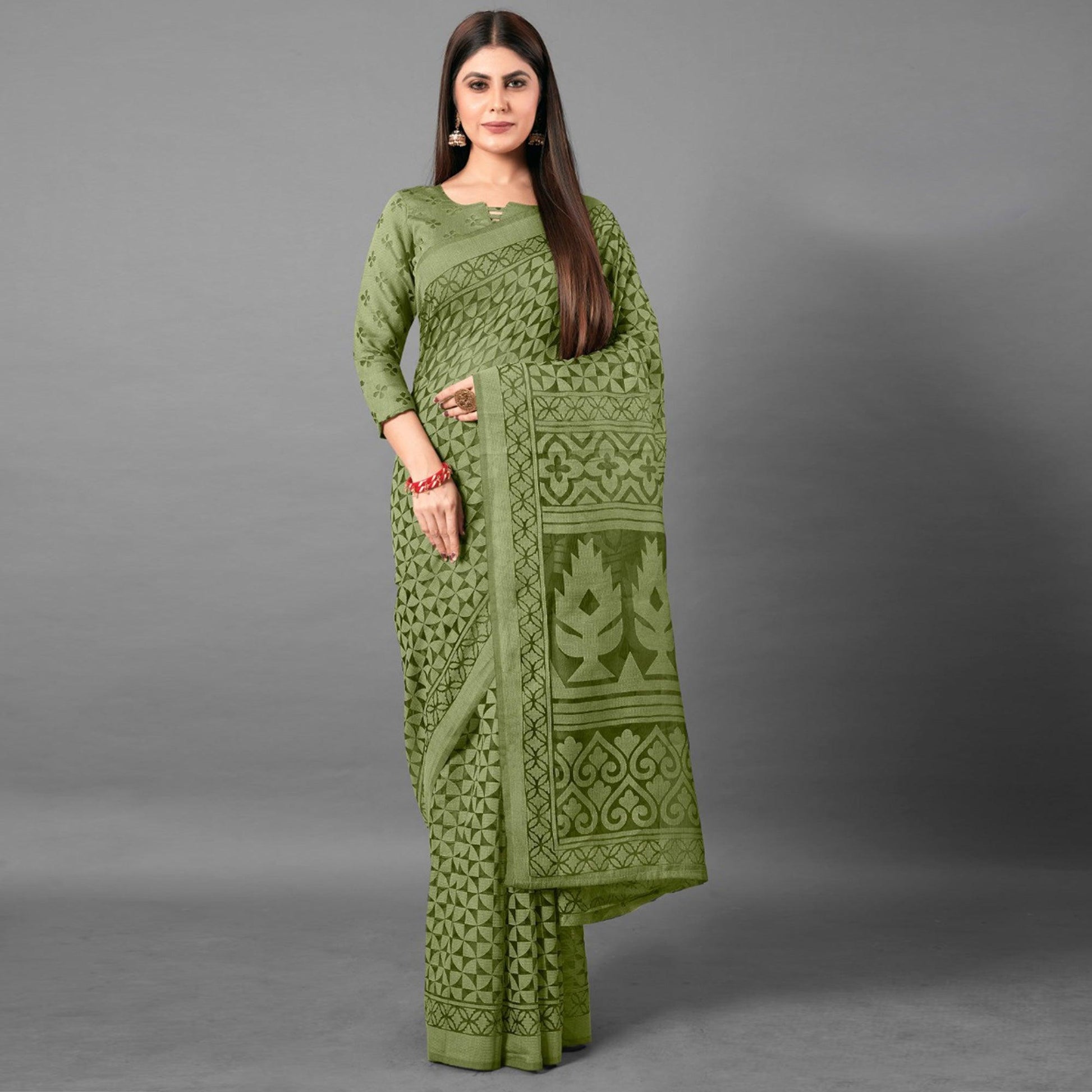 green-casual-wear-geometric-brasso-saree-111428