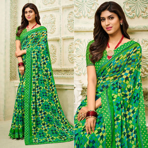 green-casual-wear-geometric-printed-georgette-saree-138952