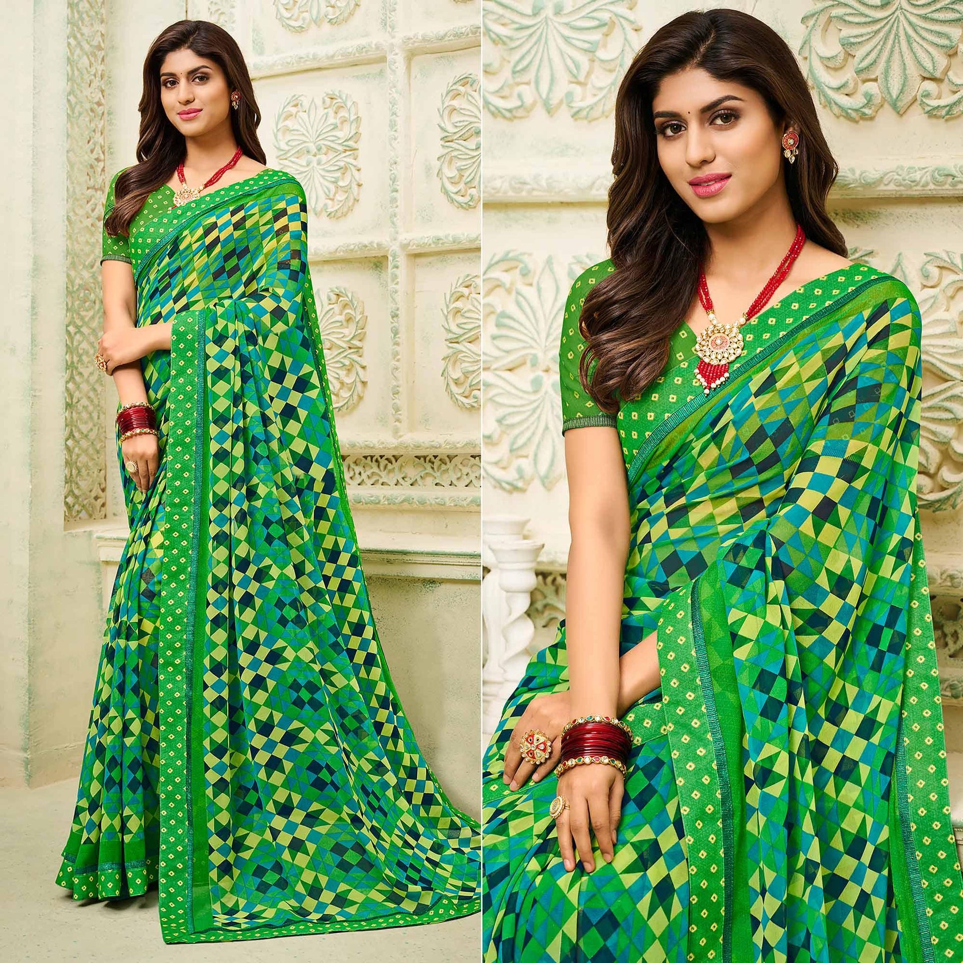 green-casual-wear-geometric-printed-georgette-saree-138952
