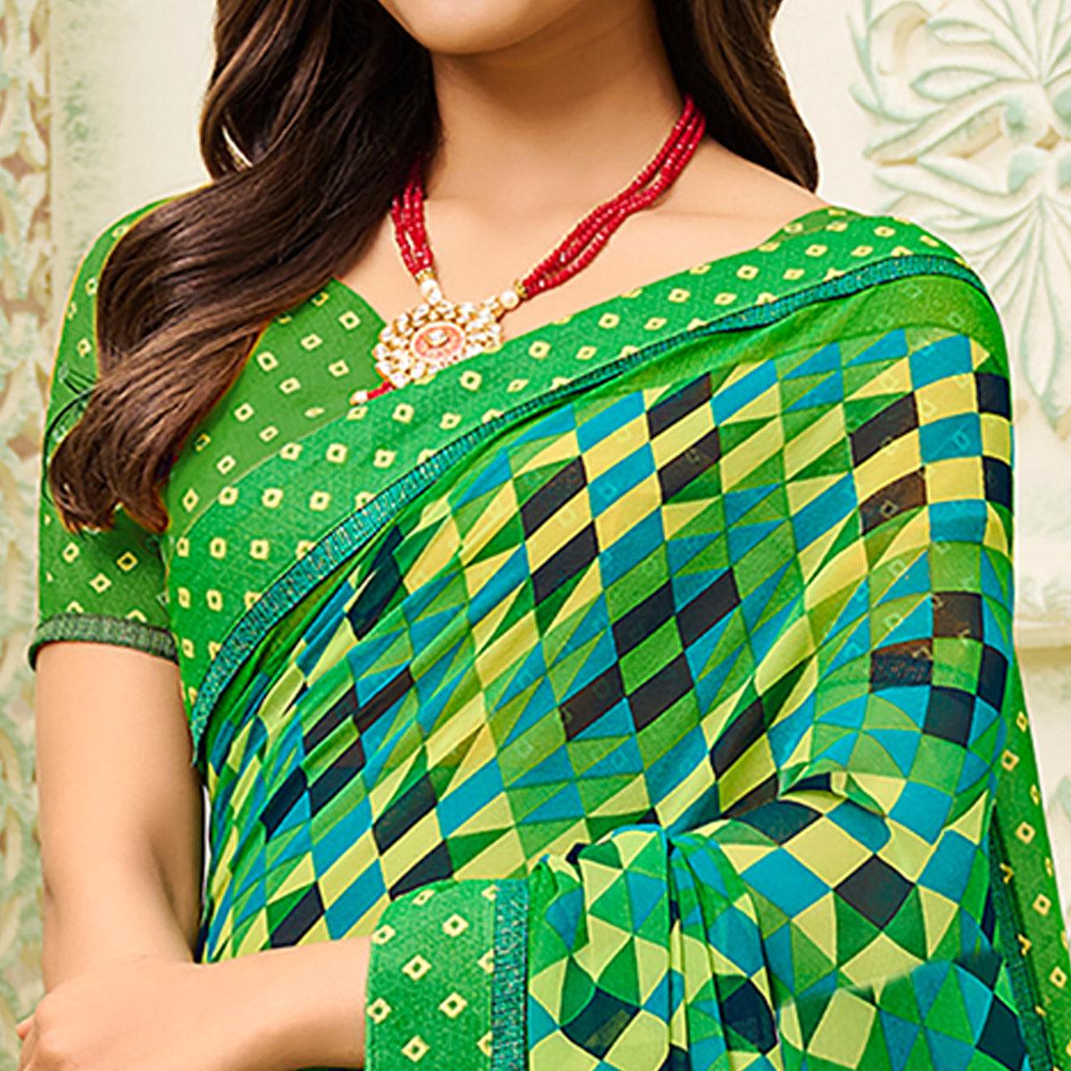 green-casual-wear-geometric-printed-georgette-saree-138952