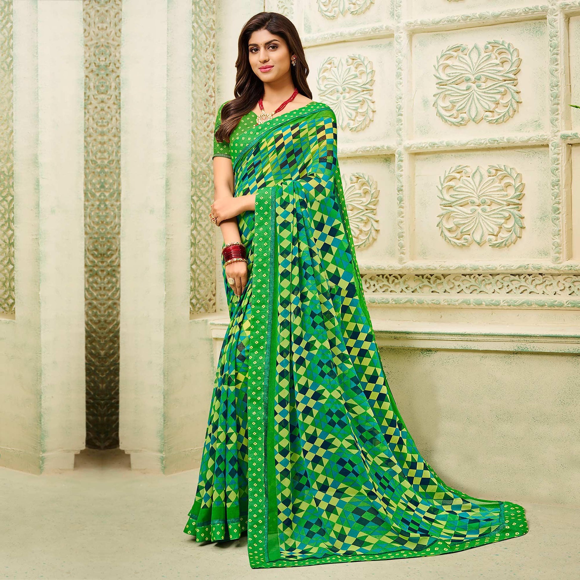 green-casual-wear-geometric-printed-georgette-saree-138952
