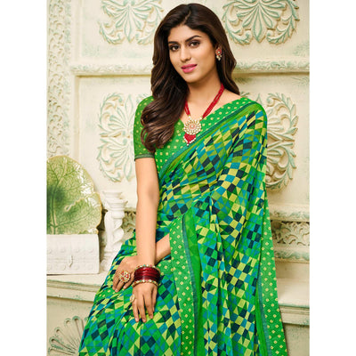 green-casual-wear-geometric-printed-georgette-saree-138952