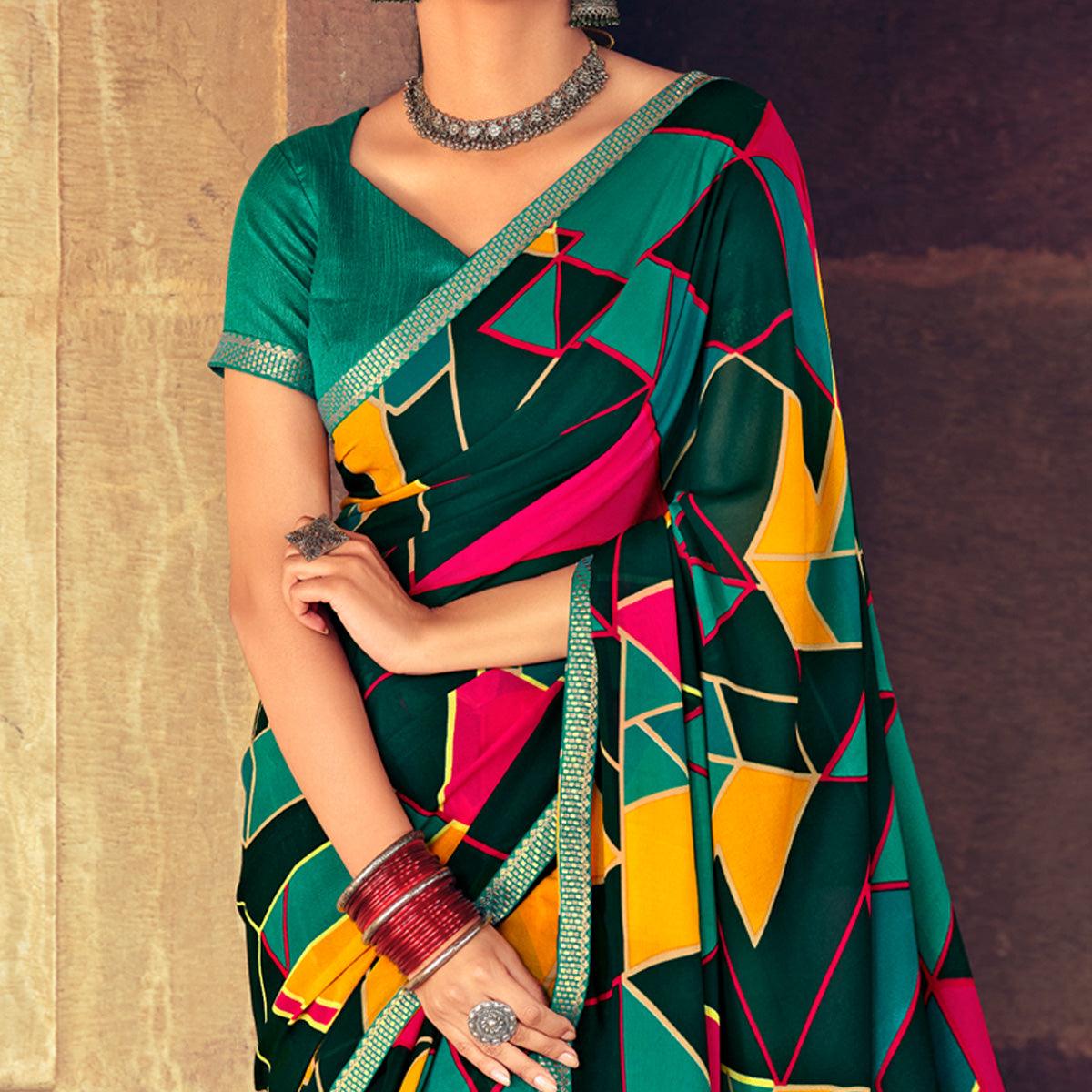 green-casual-wear-geometric-printed-heavy-micro-saree-127049