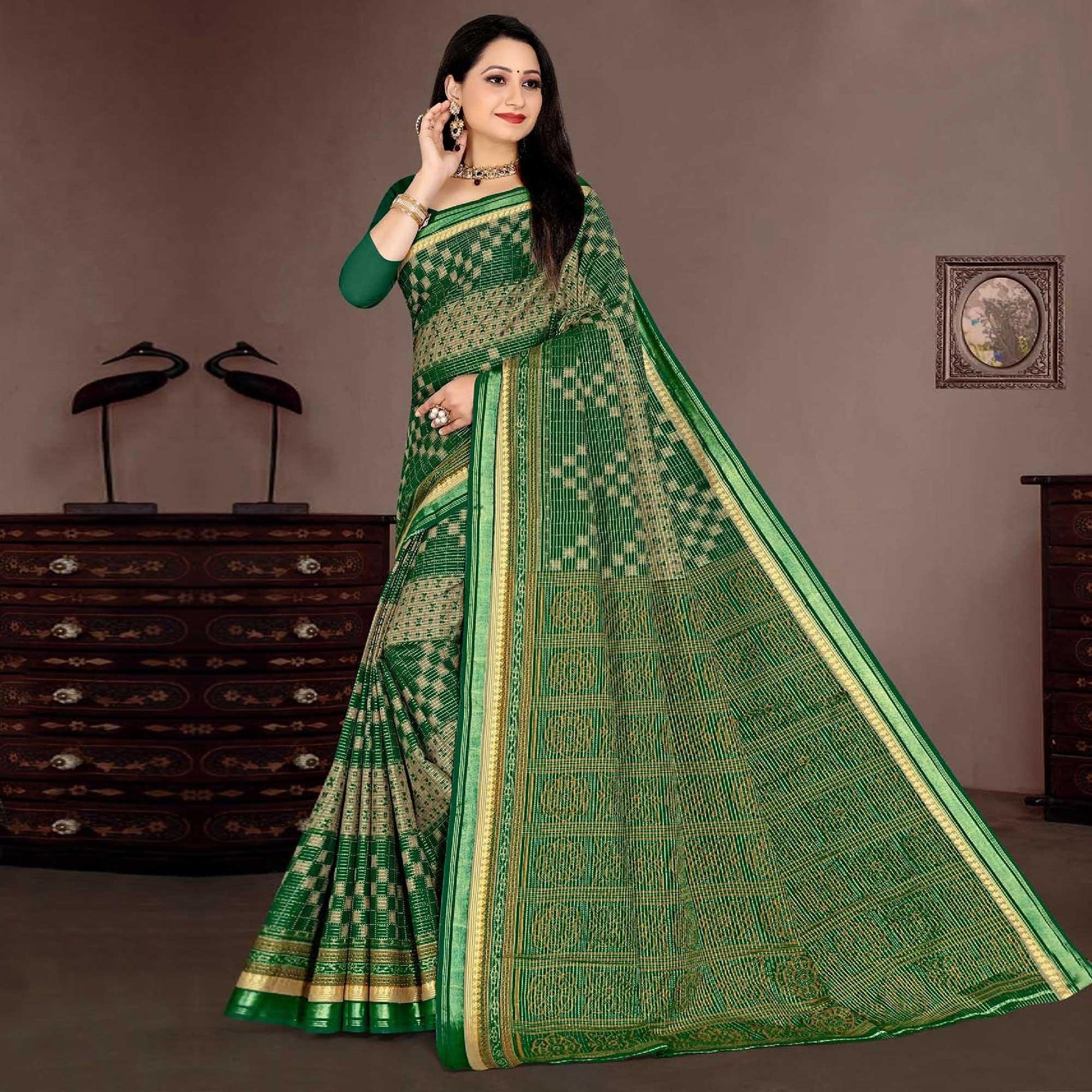 green-casual-wear-ikkat-printed-cotton-silk-saree-139140
