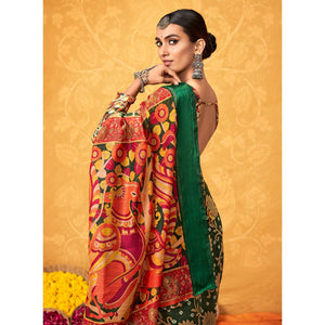 green-casual-wear-kalamkari-block-printed-cotton-satin-saree-126560