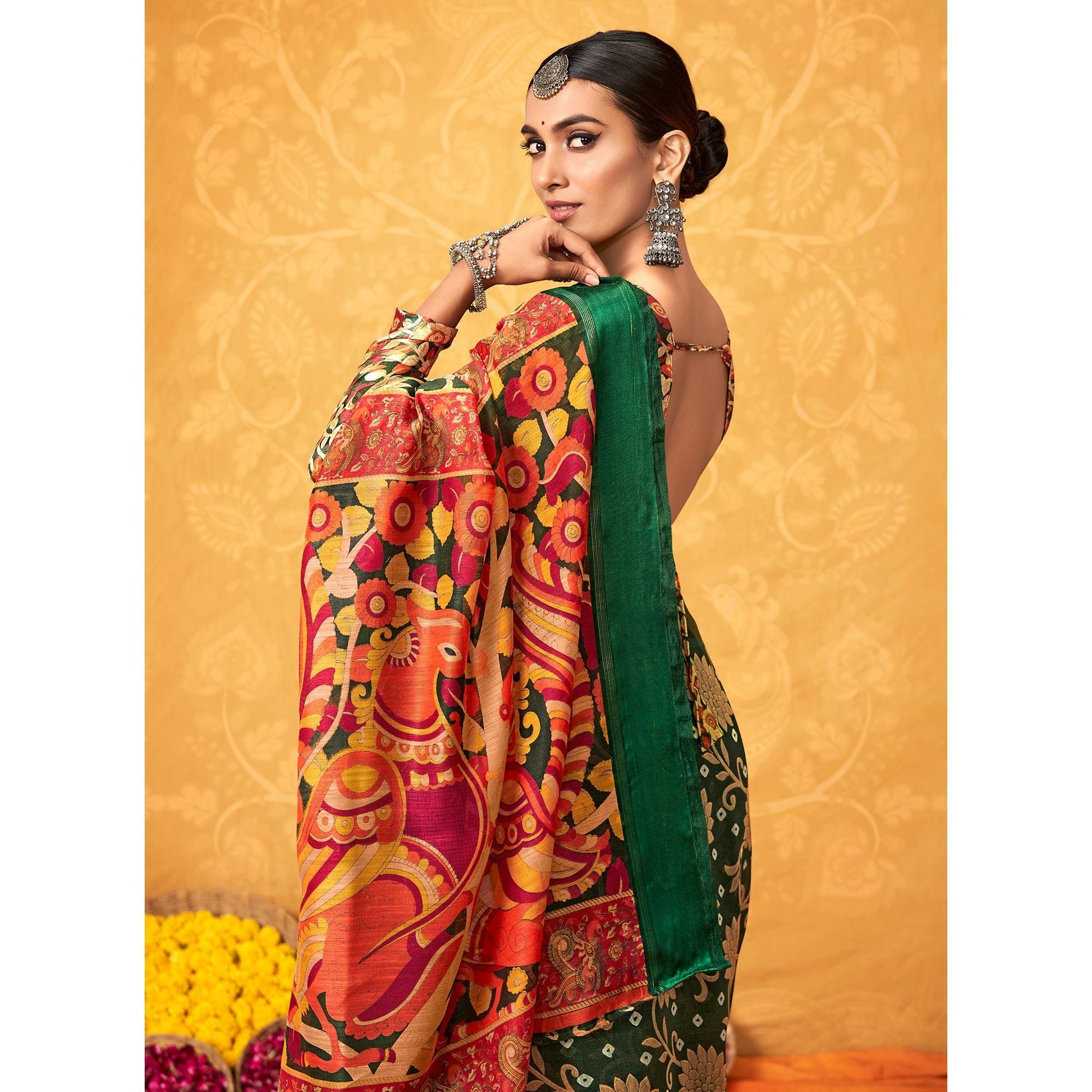 green-casual-wear-kalamkari-block-printed-cotton-satin-saree-126560