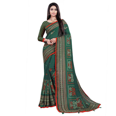 green-casual-wear-print-with-mirror-work-jute-saree-130195