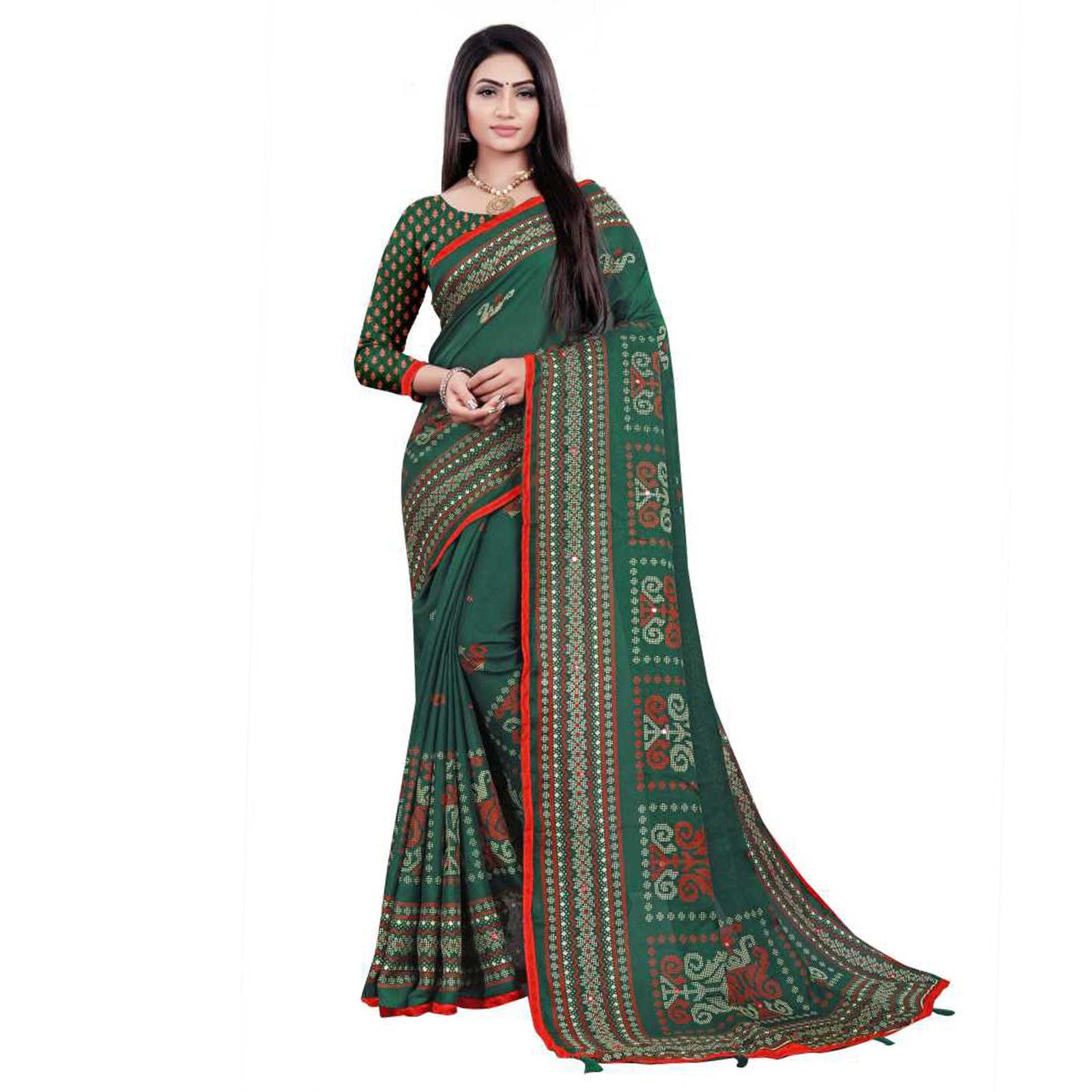 green-casual-wear-print-with-mirror-work-jute-saree-130195