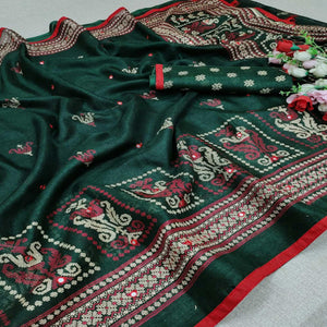green-casual-wear-print-with-mirror-work-jute-saree-130195