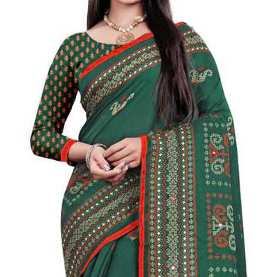 green-casual-wear-print-with-mirror-work-jute-saree-130195