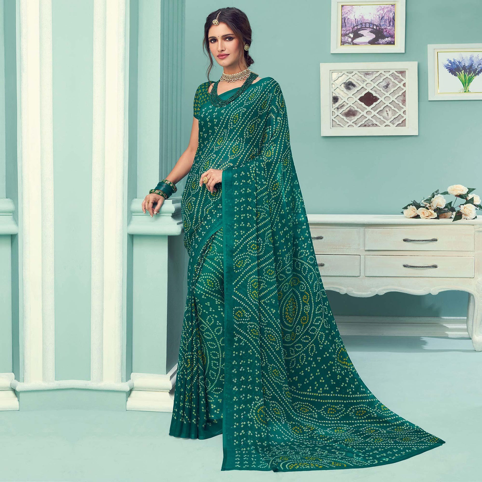 green-casual-wear-printed-chiffon-bandhani-saree-132089