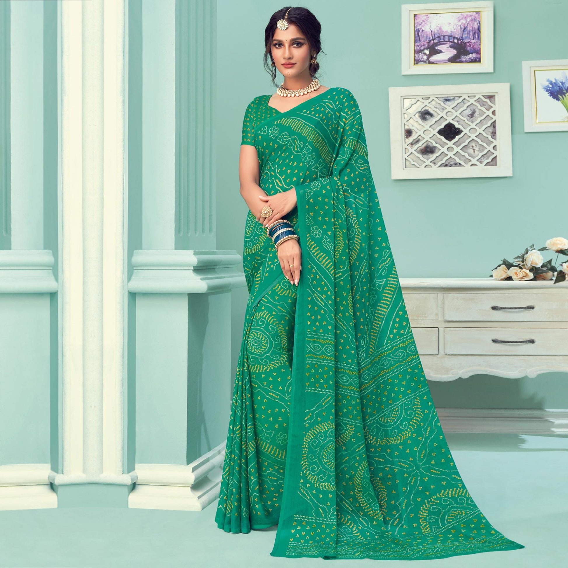green-casual-wear-printed-chiffon-bandhani-saree-132095
