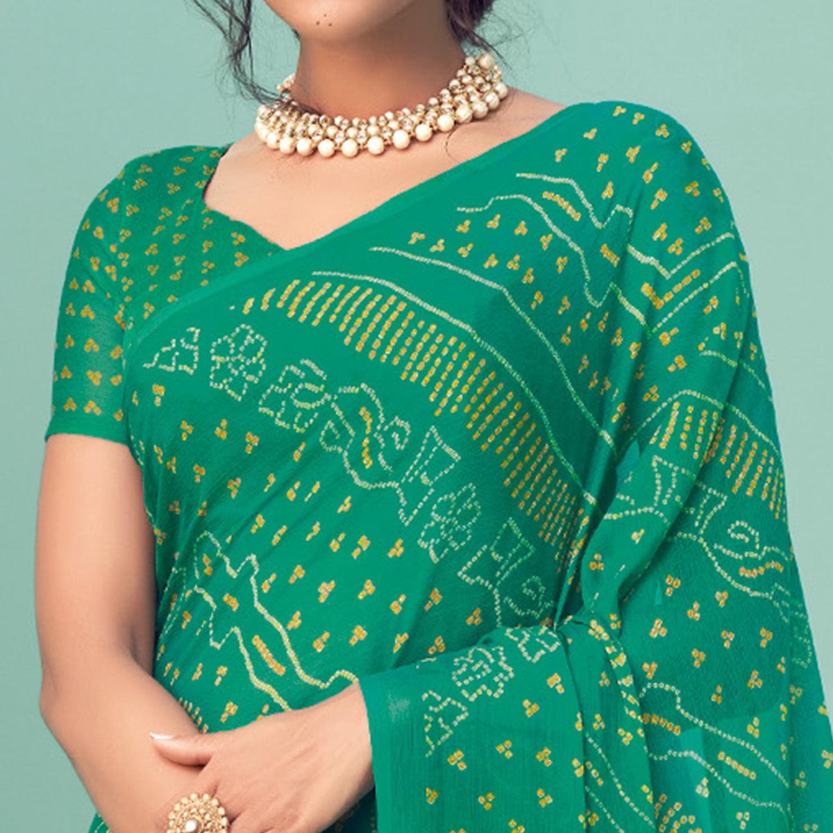 green-casual-wear-printed-chiffon-bandhani-saree-132095