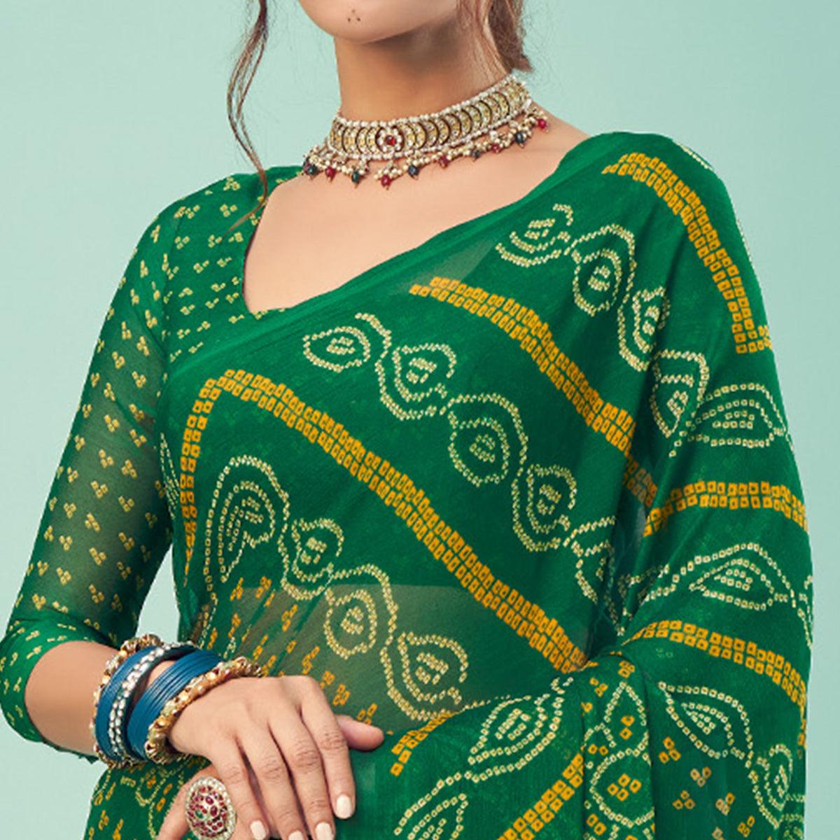 green-casual-wear-printed-chiffon-bandhani-saree-132087