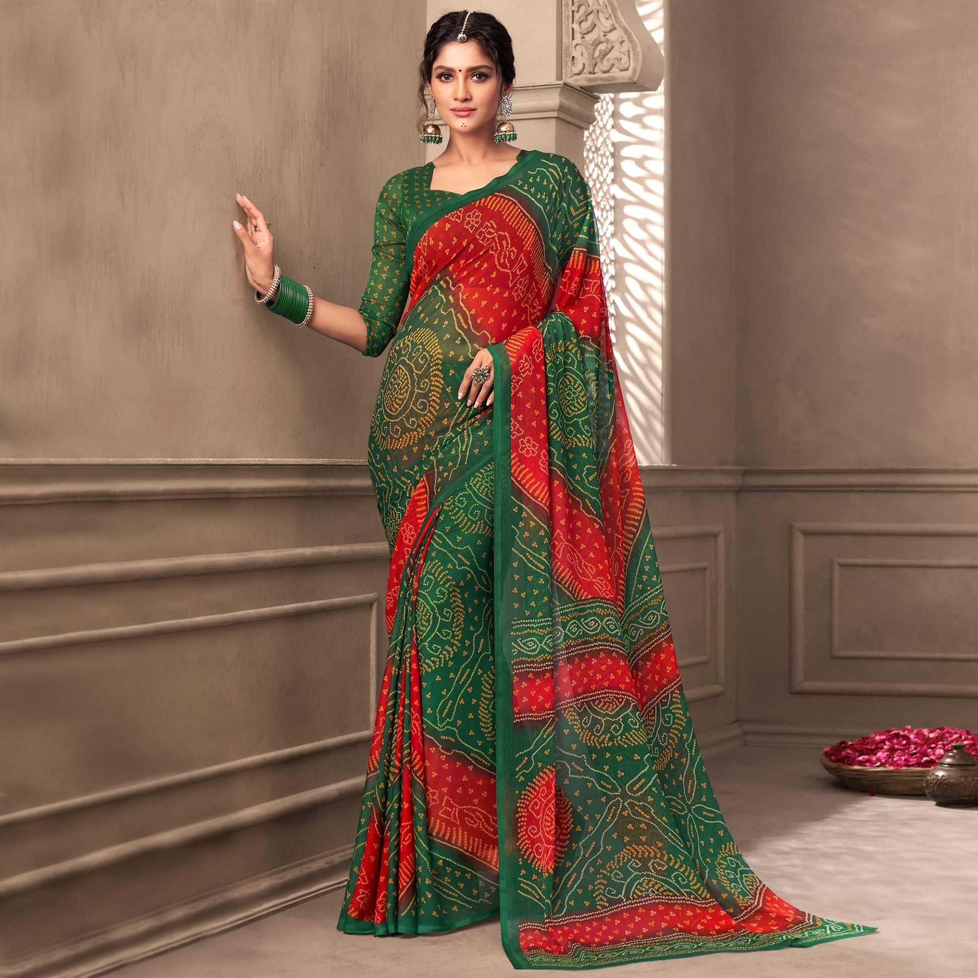green-casual-wear-printed-chiffon-saree-120767