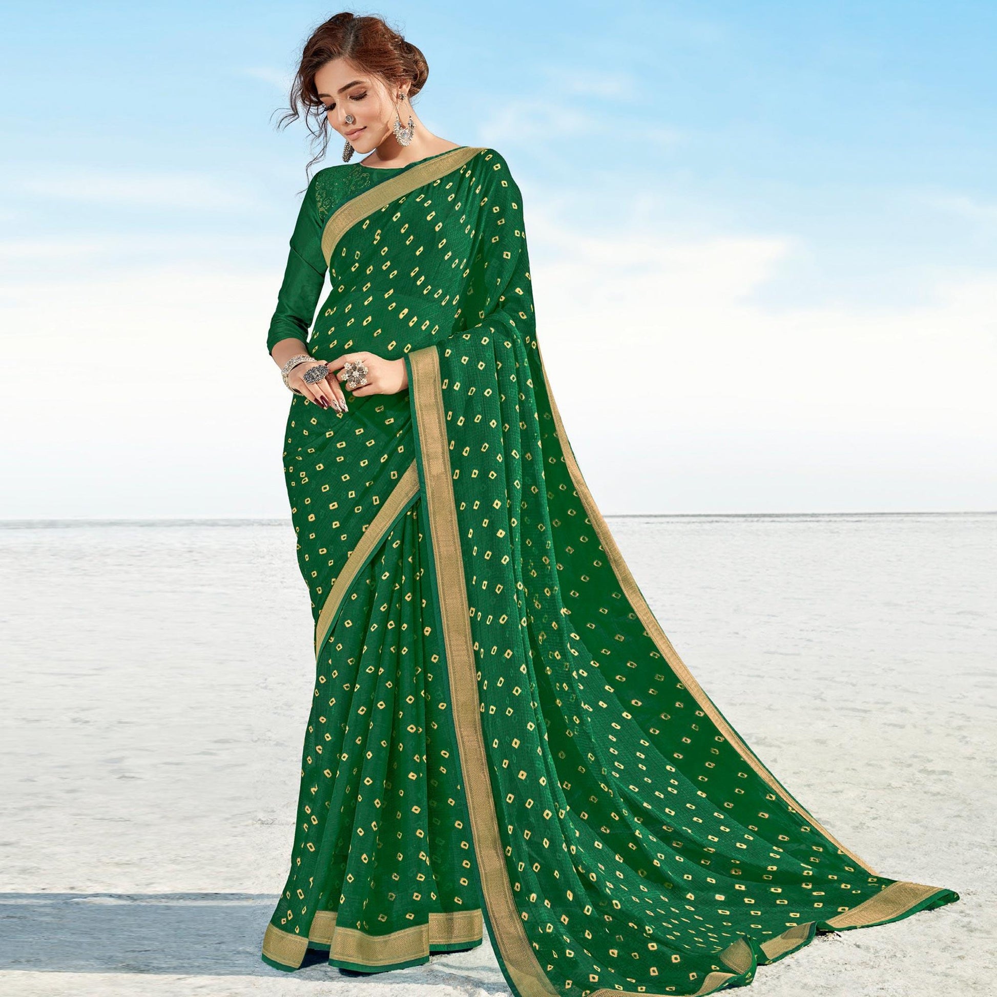 green-festive-wear-printed-chiffon-saree-120545