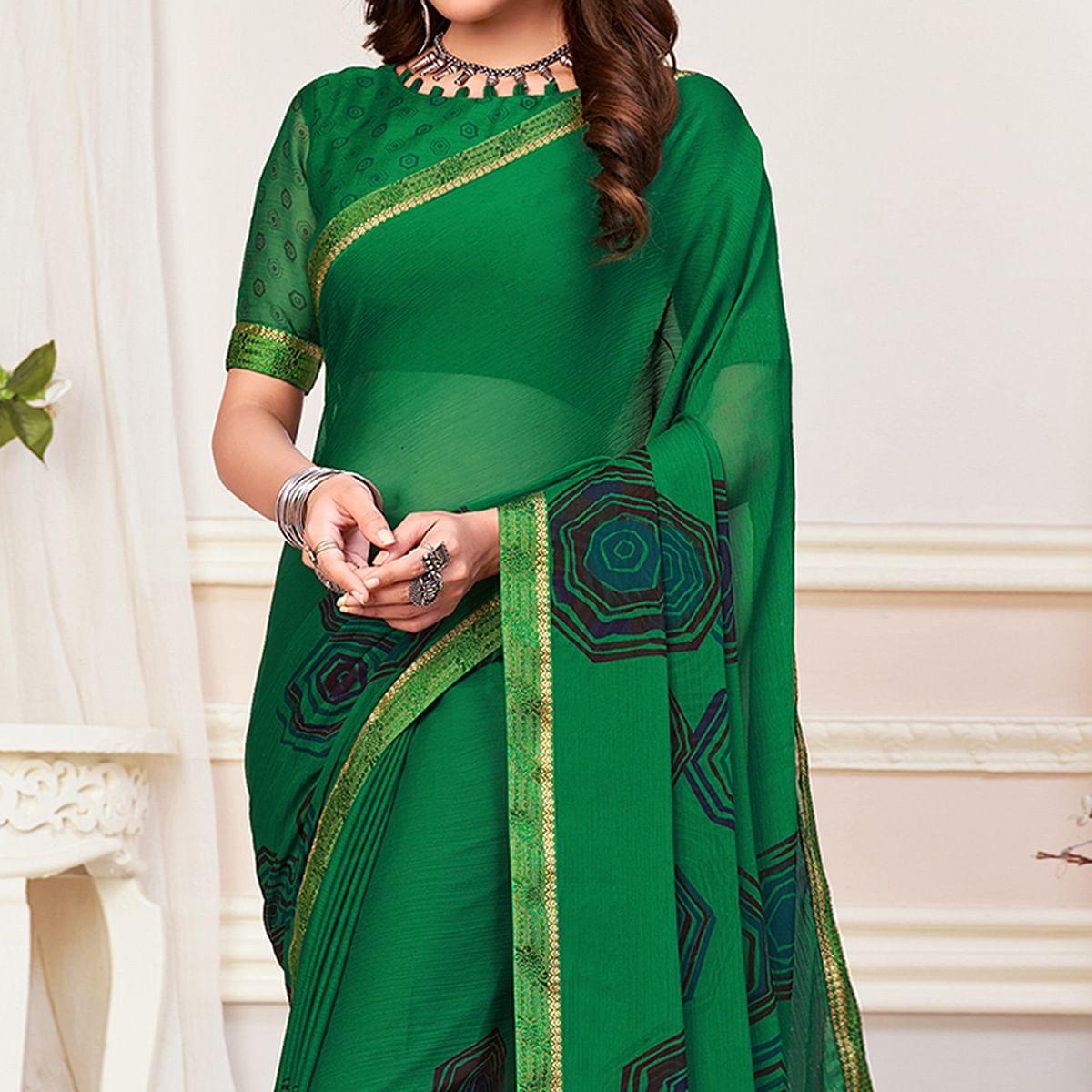 green-casual-wear-printed-chiffon-saree-142075