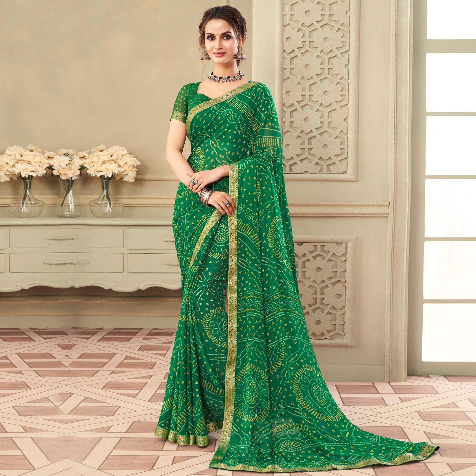 green-casual-wear-printed-chiffon-saree-with-banarasi-border-134144