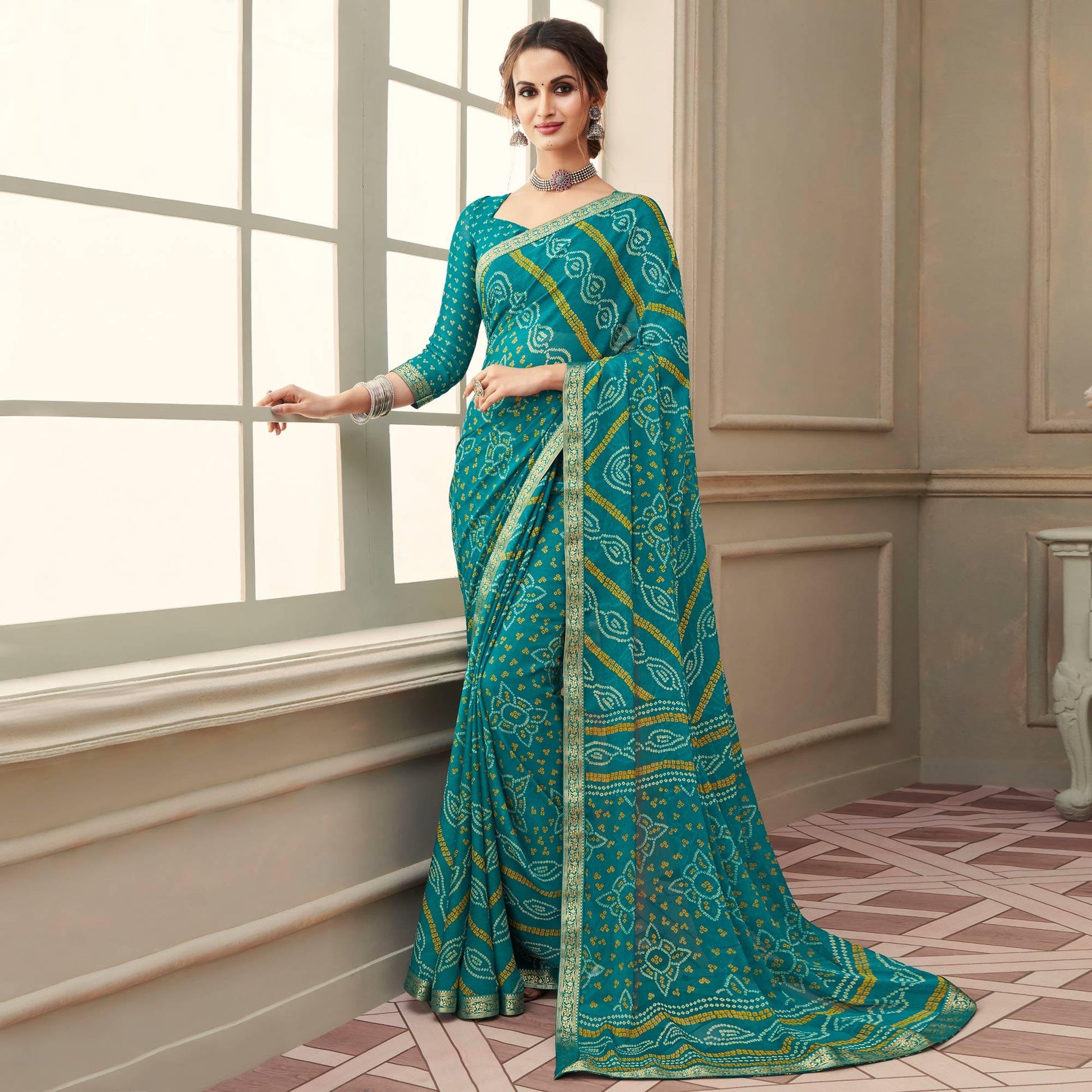 green-casual-wear-printed-chiffon-saree-with-banarasi-border-134138