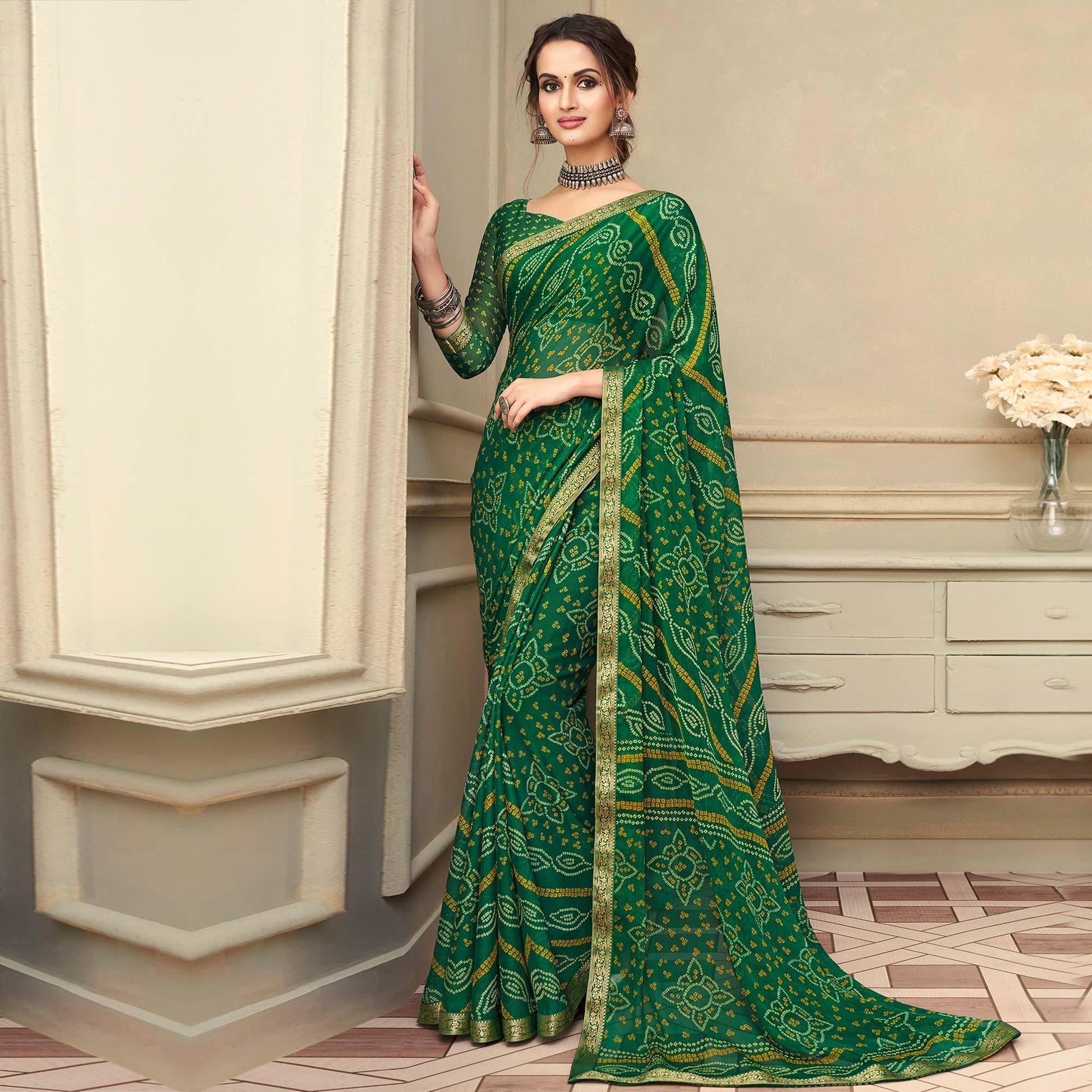green-casual-wear-printed-chiffon-saree-with-banarasi-border-134154