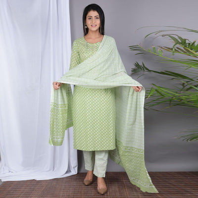 green-casual-wear-printed-cotton-kurti-pant-set-138037