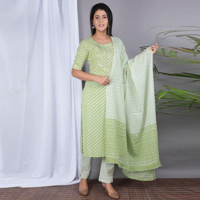 green-casual-wear-printed-cotton-kurti-pant-set-138037