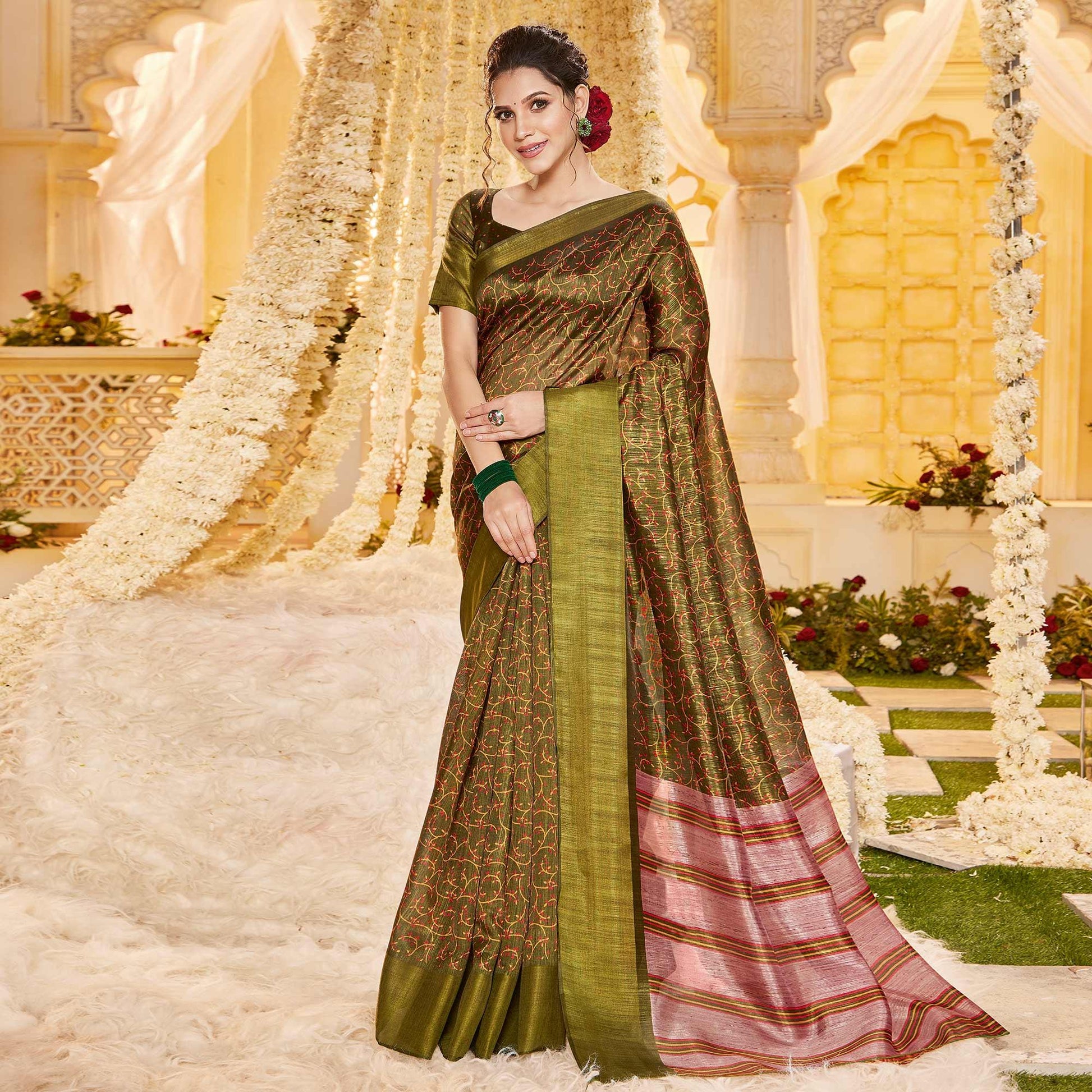 green-casual-wear-printed-crystal-silk-saree-136951
