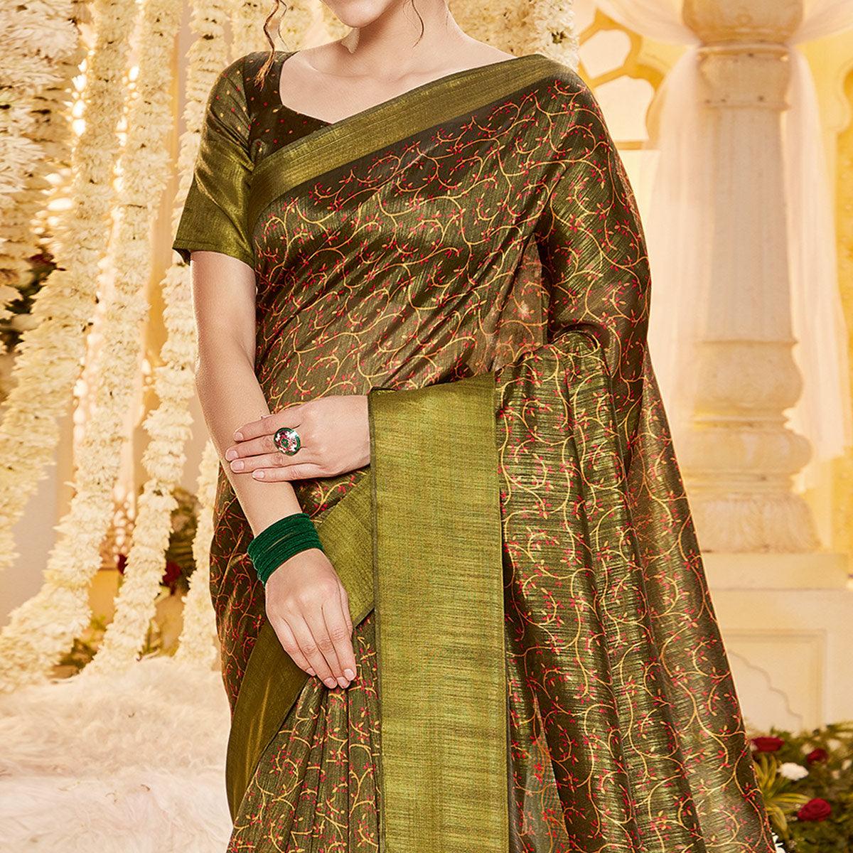 green-casual-wear-printed-crystal-silk-saree-136951