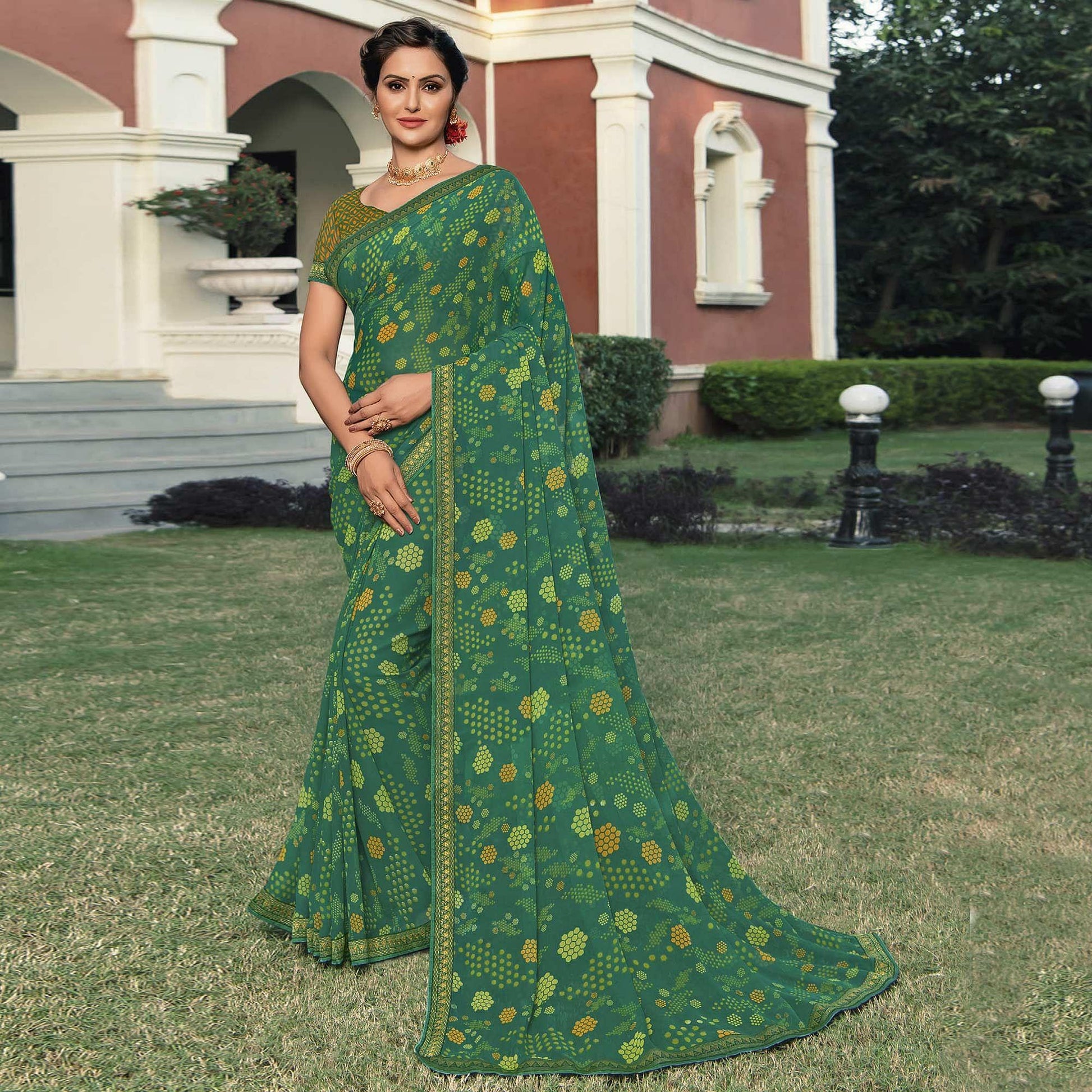 green-casual-wear-printed-georgette-saree-141512