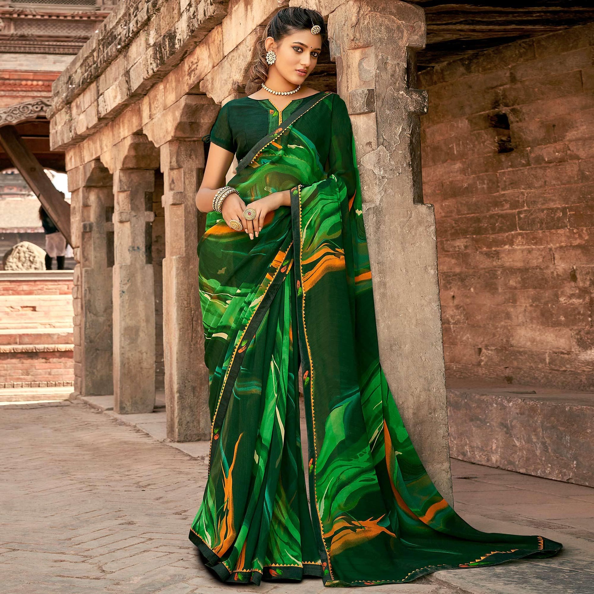 green-casual-wear-printed-georgette-saree-with-fancy-lace-127351