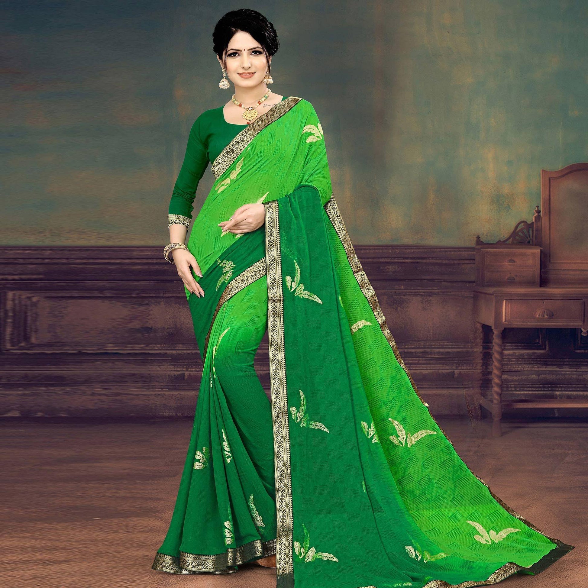 green-casual-wear-printed-half-half-georgette-designer-saree-141389