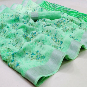 green-casual-wear-printed-linen-cotton-saree-128627