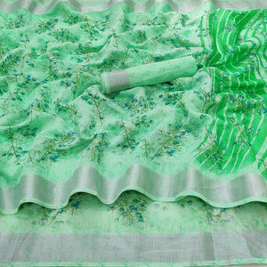 green-casual-wear-printed-linen-cotton-saree-128627
