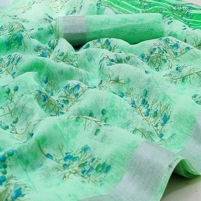 green-casual-wear-printed-linen-cotton-saree-128627