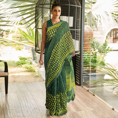 green-casual-wear-printed-linen-saree-124021