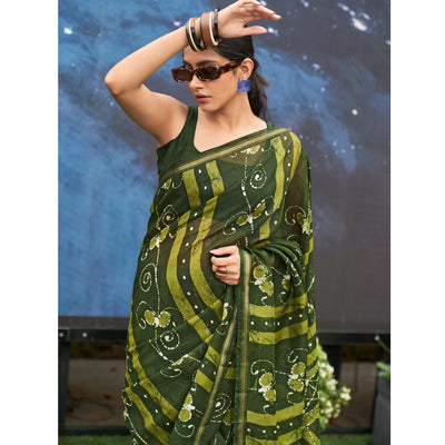 green-casual-wear-printed-linen-saree-124017