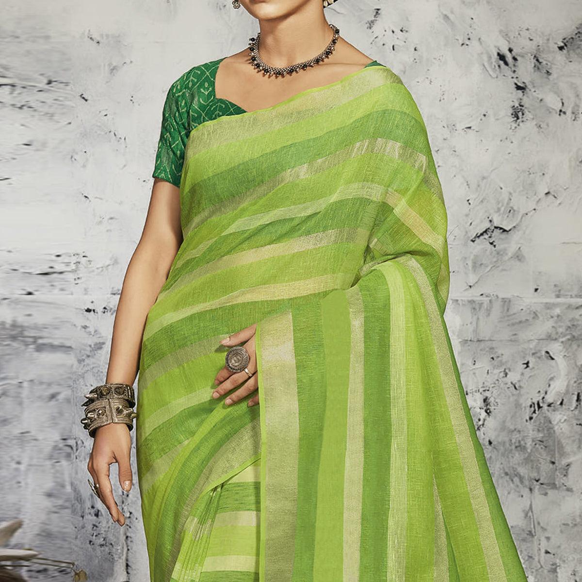 green-casual-wear-printed-linen-saree-131315