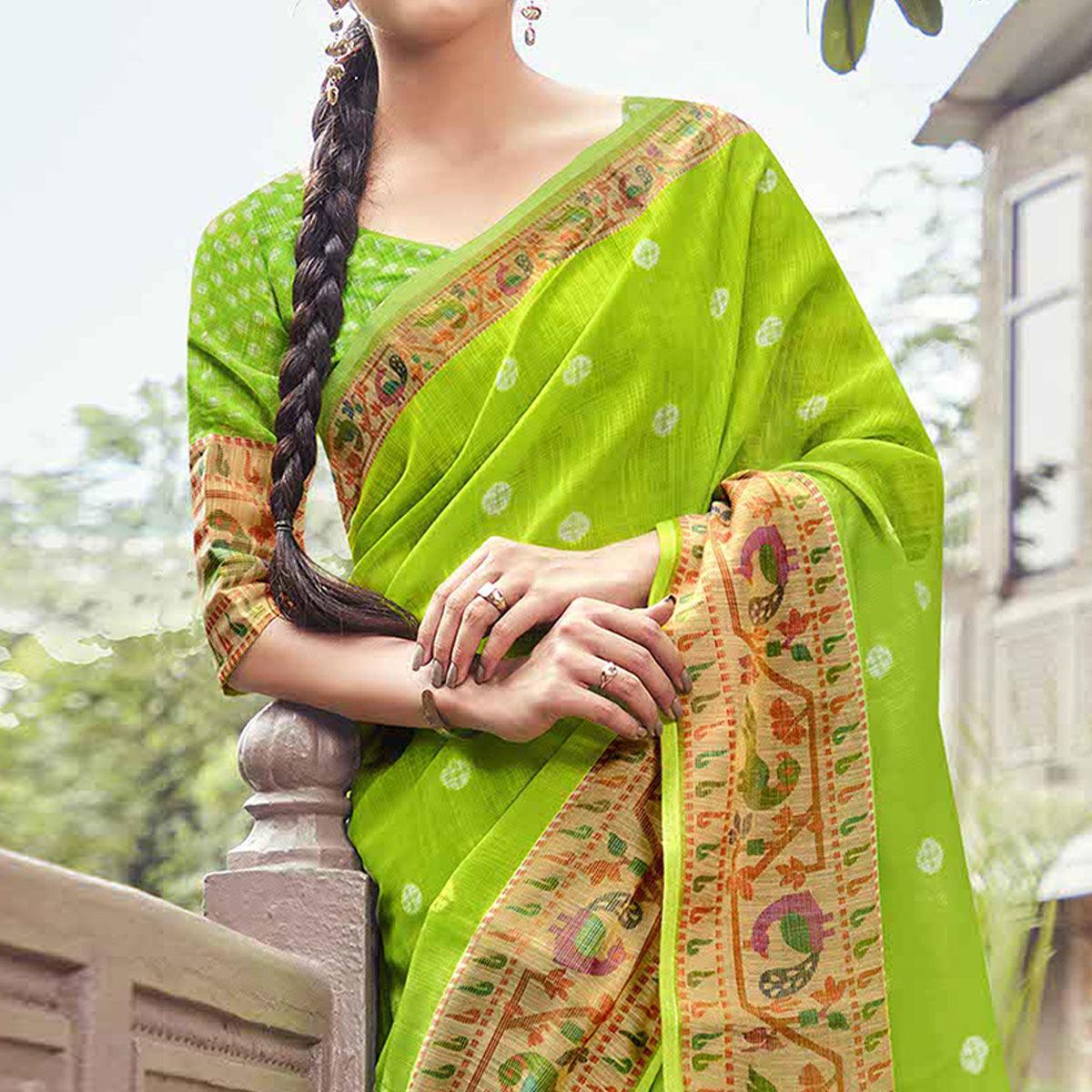 green-casual-wear-printed-linen-saree-with-border-119935