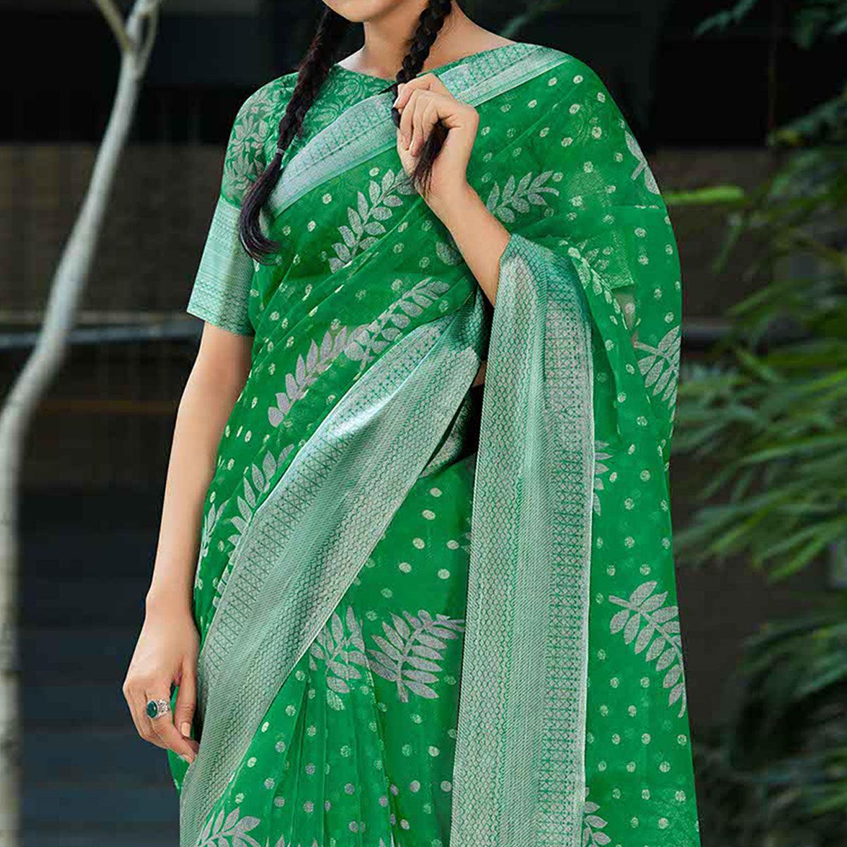 green-casual-wear-printed-organza-silk-saree-119083