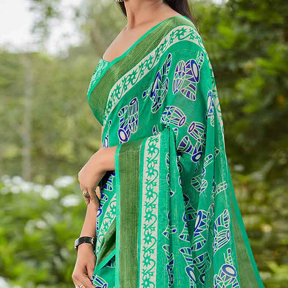green-casual-wear-printed-pure-linen-saree-118928