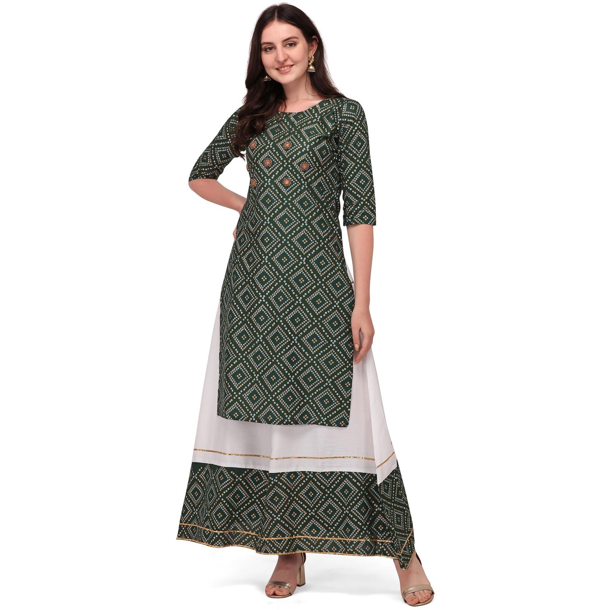 green-casual-wear-printed-rayon-kurti-skirt-set-127941