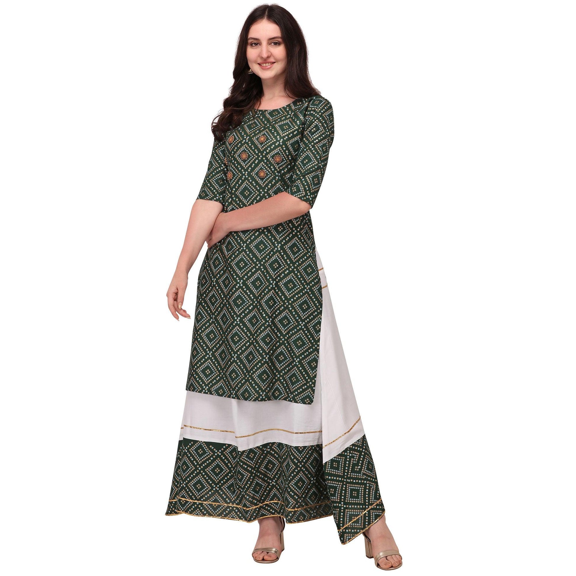 green-casual-wear-printed-rayon-kurti-skirt-set-127941