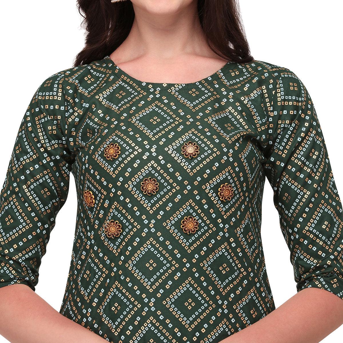 green-casual-wear-printed-rayon-kurti-skirt-set-127941