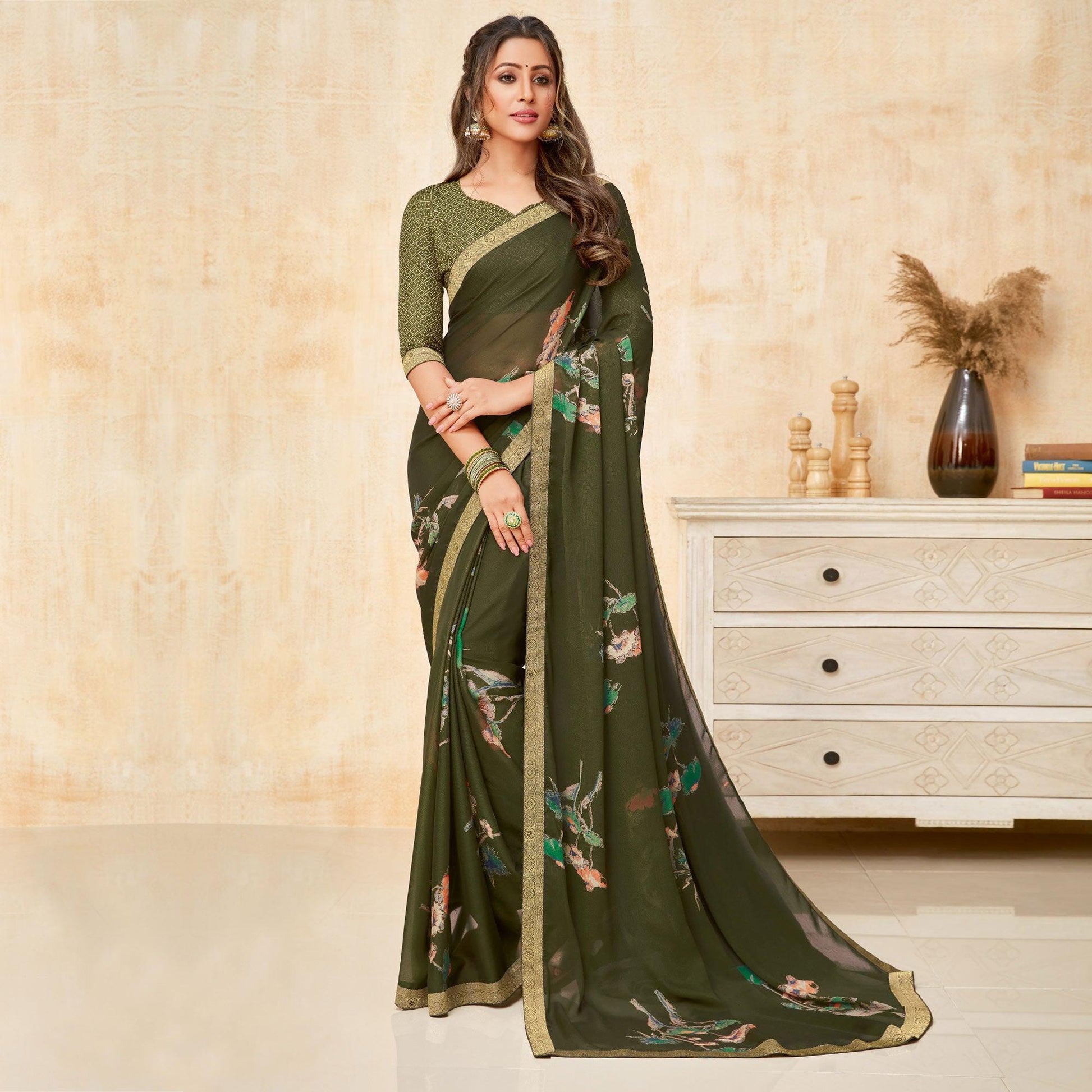 green-casual-wear-printed-silk-georgette-saree-131998