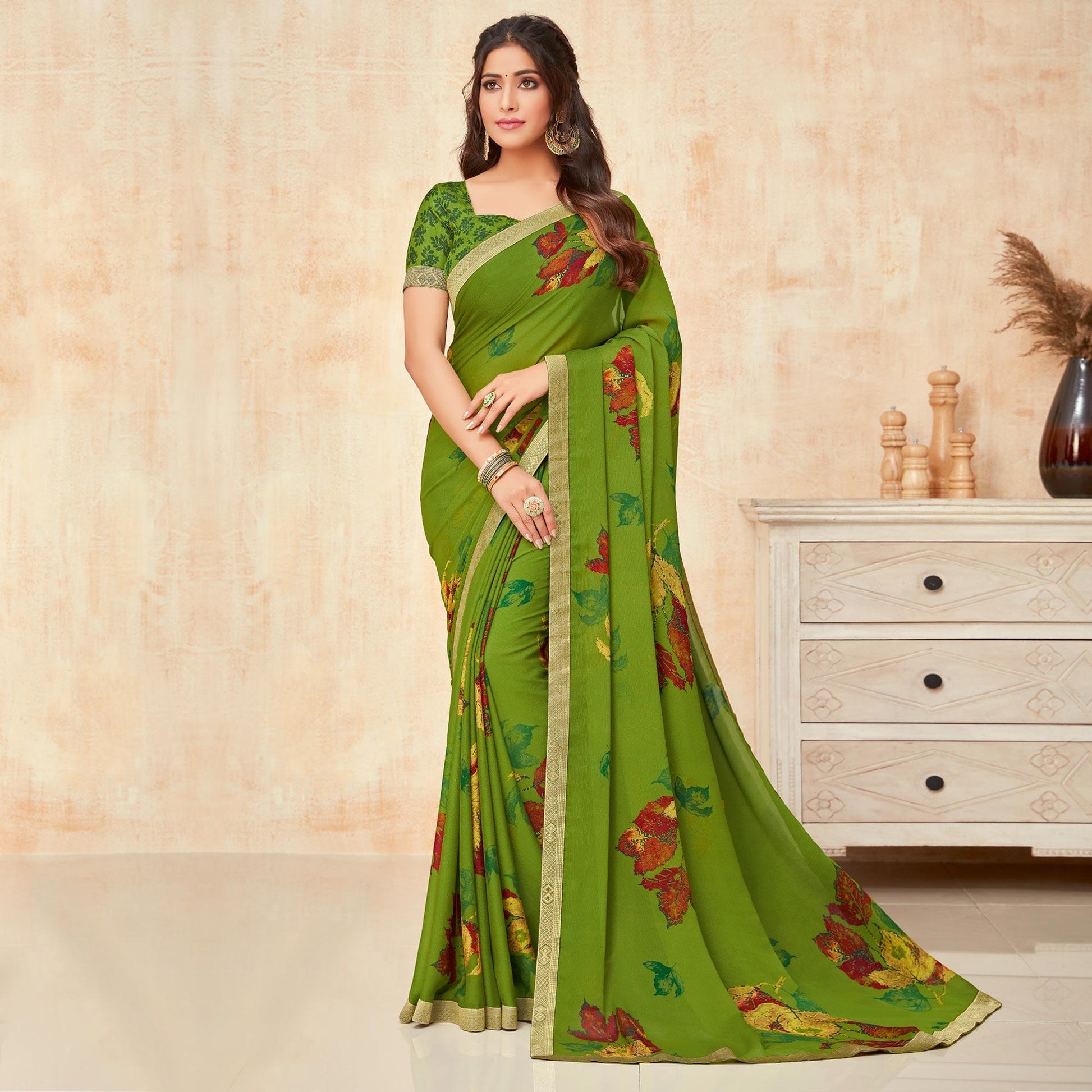 green-casual-wear-printed-silk-georgette-saree